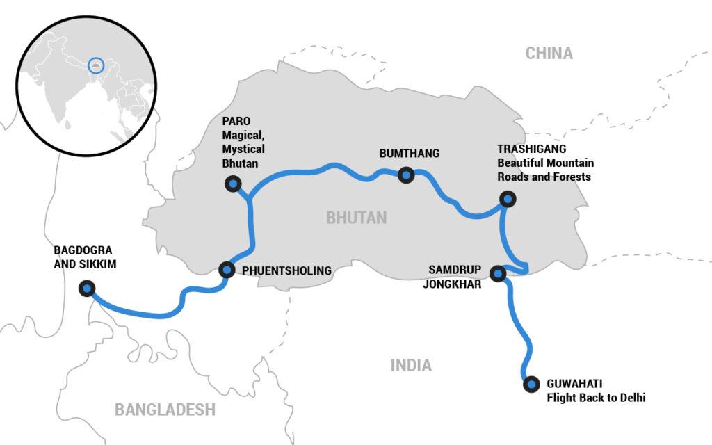 Bhutan motorcycle tour itinerary map